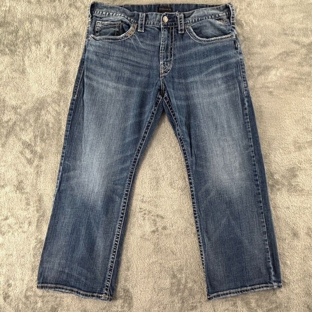 Silver Zac Relaxed Fit Straight Leg Jeans 38x30 Medium Wash Stretch Denim